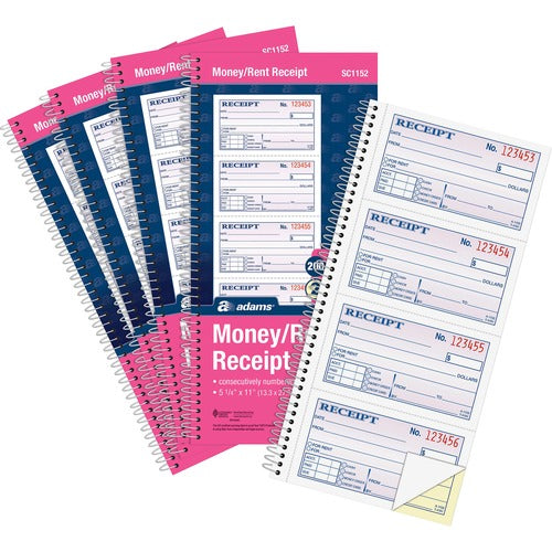 Adams  Money Receipt Book,Spiral,2Pt,200 Shts,7-5/8"x11",5/PK,WE/CA