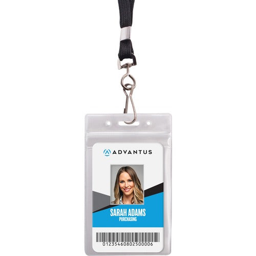 Advantus Corp.  Badge Holders, w/36"L Lanyard, Vert, 20/PK, Black/Clear