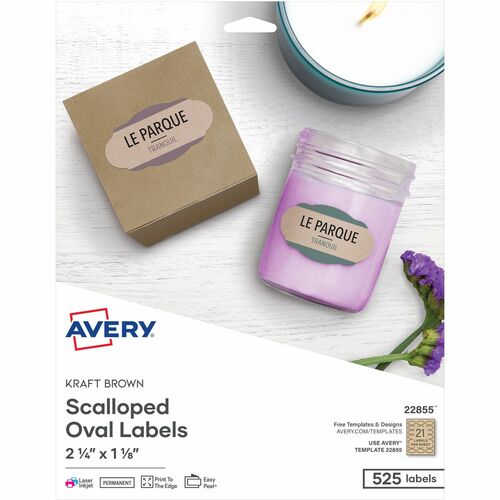 Avery  Labels, Oval Scallop, 21UP, 2-1/4"x1-1/8", 525/PK, Brown