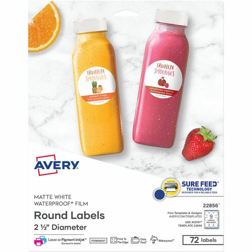 Avery  Labels, Round, 9UP, Laser/Inkjet, 2-1/2"Dia, 72/PK, White