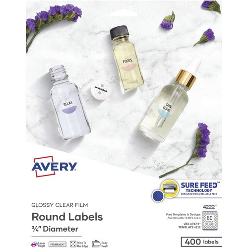 Avery  Labels, Glossy, Round, Print-to-Edge, 3/4"Dia, 400/PK, Clear