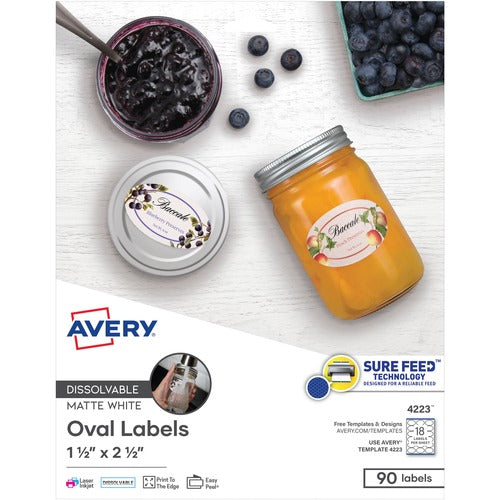 Avery  Labels, Oval, Dissolvable, 18UP, 1-1/2"x2-1/2", 90/PK, White
