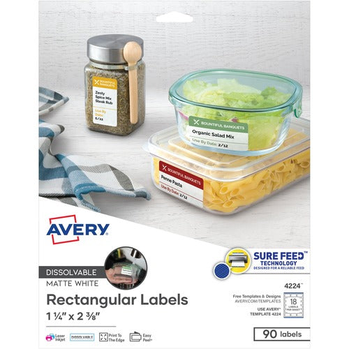 Avery  Labels, Rect, Dissolvable, 18UP, 1-1/4"x2-3/8", 90/PK, White