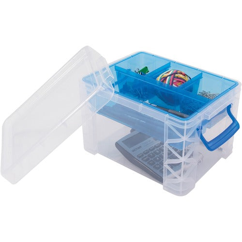 Advantus Corp.  Divided Storage Box, 7-1/2"Wx10-3/25"Lx6-1/2"H, Clear/Blue