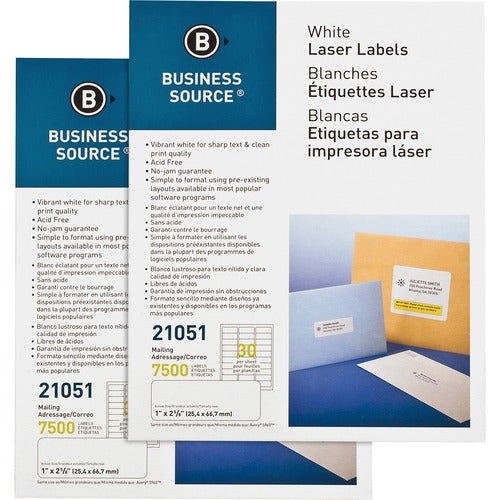 Business Source  Mailing Labels, Laser/Inkjet, 1"x2-5/8",7500/PK,2PK/CT,WE