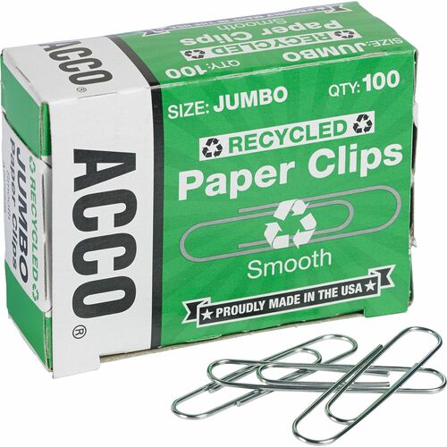ACCO  Paper Clips,Recycled,No 4,1-13/23"Size,Jmbo,100/BX,10/PK,SR