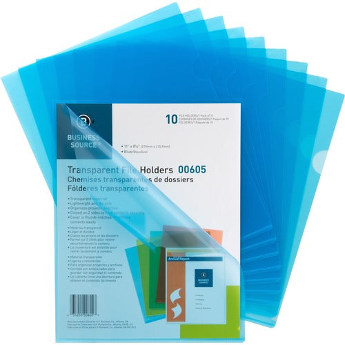 Business Source  File Holders, Poly, Transparent, 11"x8-1/2", 10/PK, Blue