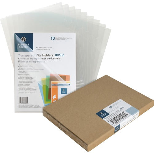 Business Source  File Holders, Poly, Transparent, 11"x8-1/2",10/PK,5PK/BX,CL