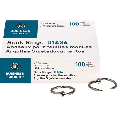 Business Source  Book Rings, 1" Diameter, 100/BX, Silver