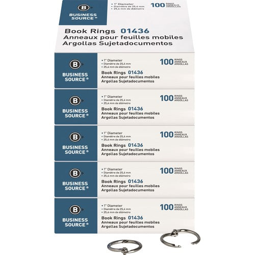 Business Source  Book Rings, 1" Diameter, 100/BX,5BX/BD, Silver