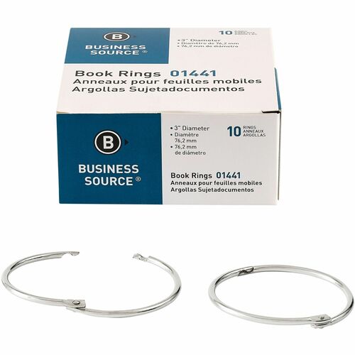 Business Source  Book Rings, 3" Diameter, 10/BX, Silver