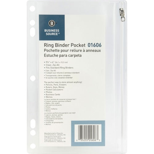 Business Source  Ring Binder Pocket,w/Zipper,Plastic,7HP,9-1/2"x6",Clear