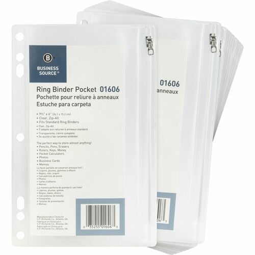 Business Source  Ring Binder Pockets,w/Zipper,Plastic,7HP,9-1/2"x6",24/BX,CL