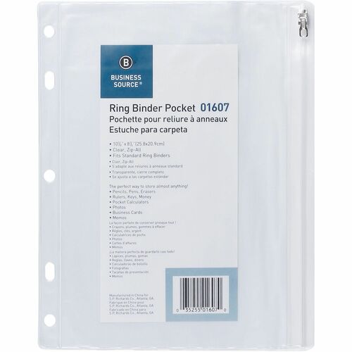 Business Source  Ring Binder Pocket,w/Zipper,Plastic,7HP,10"x8",Clear