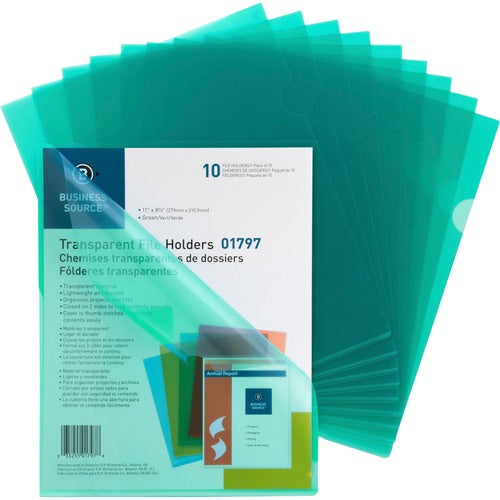 Business Source  File Holders, Poly, Transparent, 11"x8-1/2", 10/PK, Green