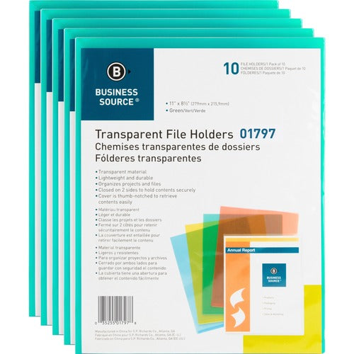 Business Source  File Holders, Poly, Transparent, 11"x8-1/2",10/PK,5PK/BX,GN