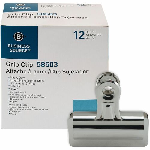 Business Source  Bulldog Clips, 1" Cap, Size 4, 3"W, 12/BX, Silver
