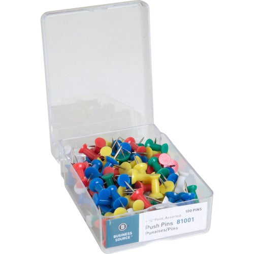 Business Source  Pushpins, 3/8" Point, 1/2" Heads, 100/BX, Assorted
