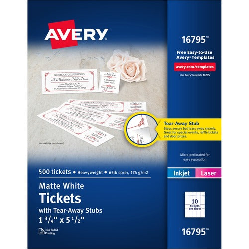 Avery  Tickets w/Stubs,Printable,Uncoated,1-3/4"x5-1/2",500/PK,WE