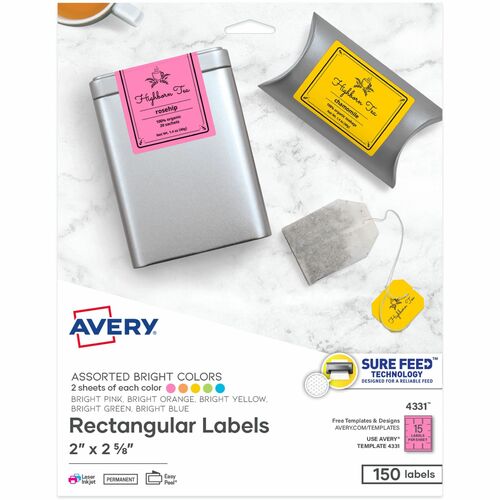 Avery  Labels, Rectangle, Permanent, 2"x2-5/8", 150/PK, AST