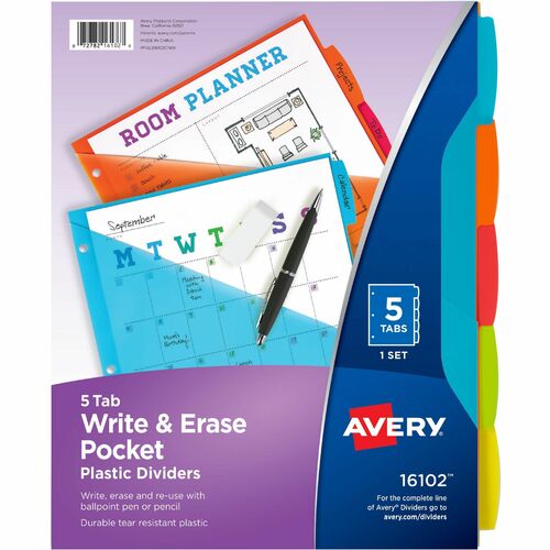 Avery  Write-On Dividers w/Pocket,5-Tab,9-1/4"x11-1/8",Bright AST