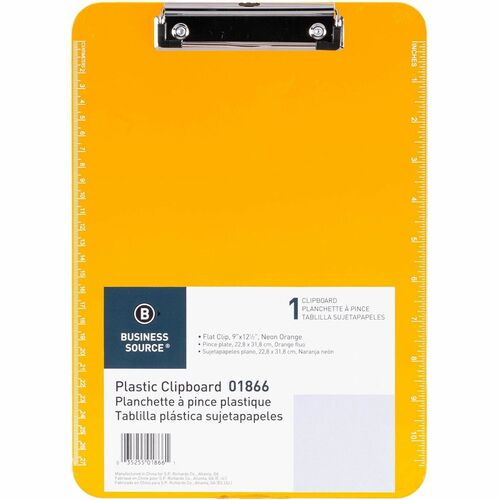 Business Source  Clipboard, Plastic, w/Flat Clip, 9"x12-1/2", Neon Orange