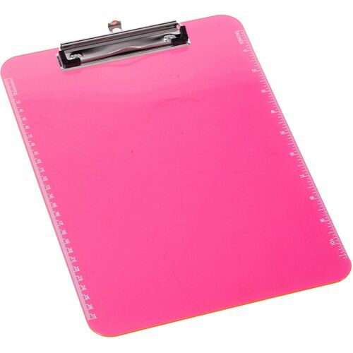 Business Source  Clipboard, Plastic, w/Flat Clip, 9"x12-1/2", Neon Pink