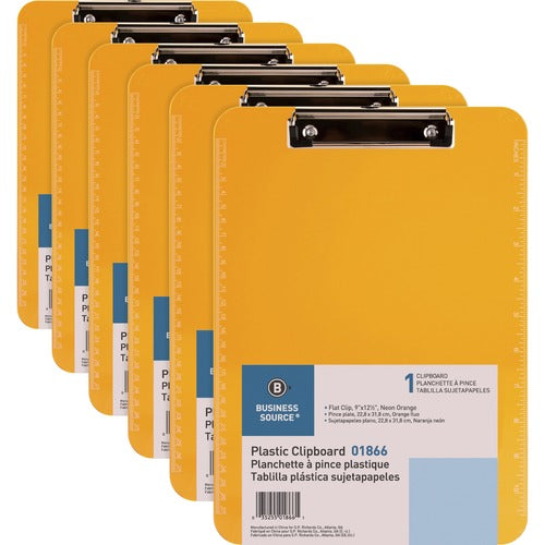 Business Source  Clipboards,Plastic,w/Flat Clip, 9"x12-1/2",6/BD,Neon Orange