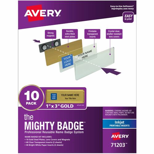 Avery  Badge Kit, Magnetic, Inkjet, Reusable, 1"x3", 10/PK, Gold