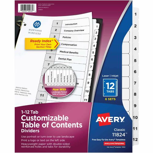 Avery  Dividers,Table of Contents,12-Tab,Letter,6ST/PK,BK/WE