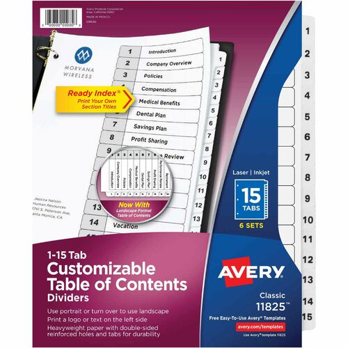 Avery  Dividers,Table of Contents,15-Tab,Letter,6ST/PK,BK/WE