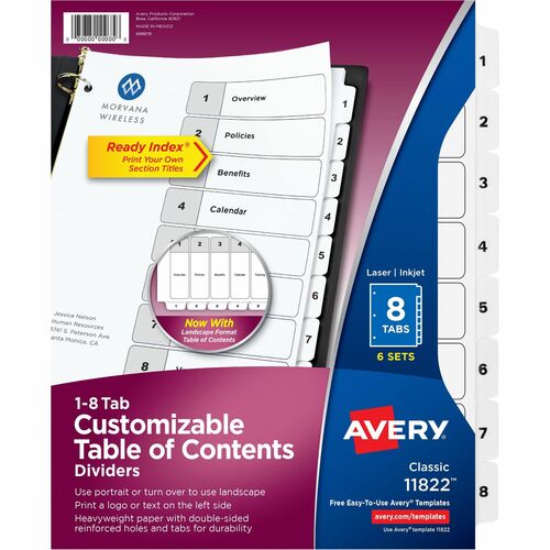 Avery  Dividers,Table of Contents,8-Tab,Letter,6ST/PK,BK/WE