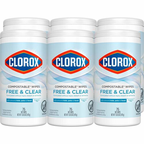 Clorox Company  Wipes,Free&Clear,75 Wipes/Tub,4-1/4"x4-1/4"x8-3/10",6/CT,WE