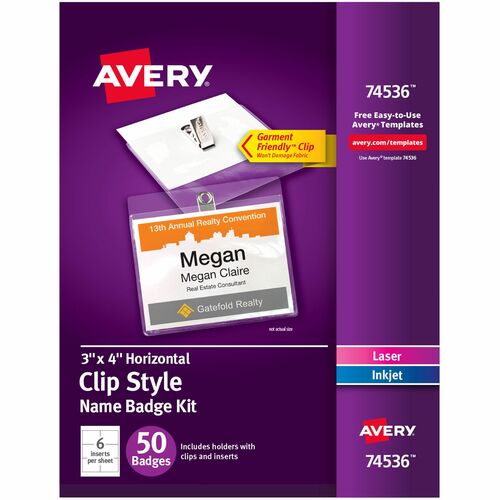 Avery  Name Badges, w/Clips, Laser/Inkjet, 4"x3", 50/PK, 5/CT, WE