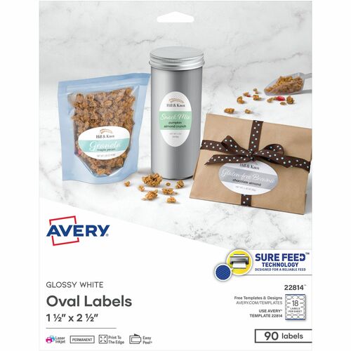 Avery  Label,Oval,Sure Feed, 1-1/2"x2-1/2", 90/PK, 5/CT, Glossy WE