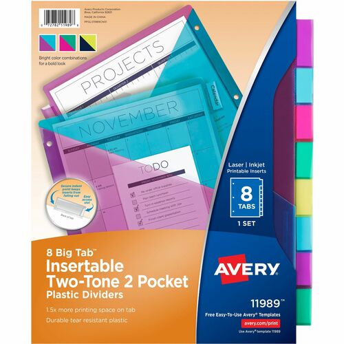 Avery  Dividers,2-Tone,8-Tab,3HP,9-1/4"x11-1/8",24Sets/CT,AST