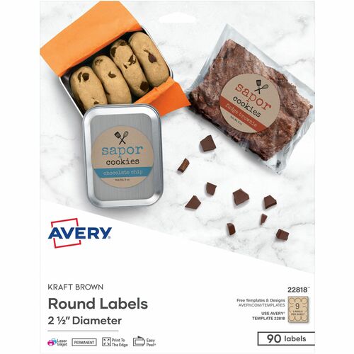 Avery  Labels, Round, 2-1/2"Dia, 90/PK, 5PK/CT, Kraft Brown