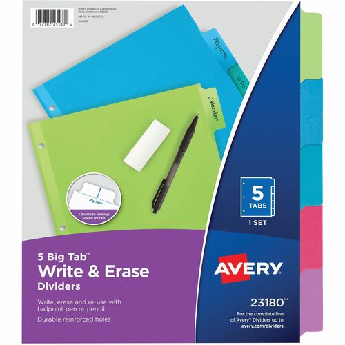 Avery  Divider,Erasable Big Tab,5-Tab,3HP,8-1/2"x11",6/CT,AST