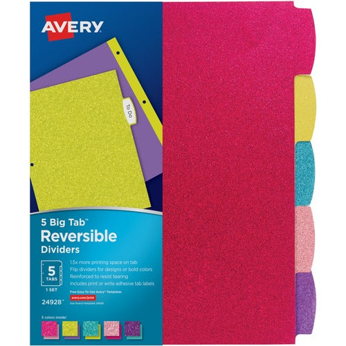 Avery  Index Dividers, Big Tab, Reversible, Glitter, 5-Tab, 24ST/CT