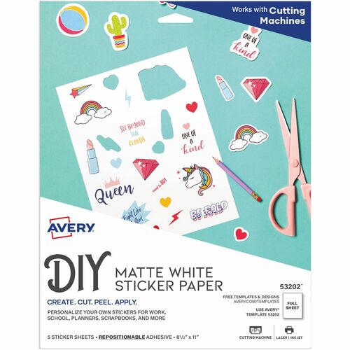 Avery  Sticker Paper, Inkjet, 8-1/2"x11",5/PK,6PK/CT,Matte White