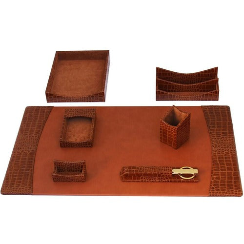 Dacasso  Desk Set,7 Pc,Crocodile,Cognac,34-3/4"x20-3/4"x5-2/5",BN