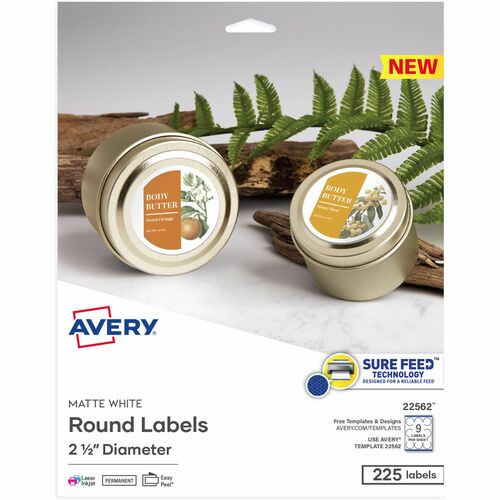 Avery  Labels,Round,Sure Feed,Perm,2-1/3"Dia,225/PK,Matte WE