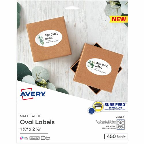 Avery  Labels,Oval,Sure Feed,Perm,1-1/2"x2-1/2",450/PK,Matte WE