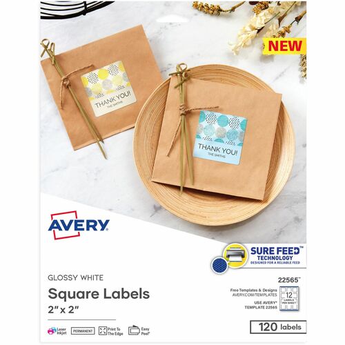Avery  Labels,Square,Sure Feed,Perm,2"x2",120/PK,Glossy WE