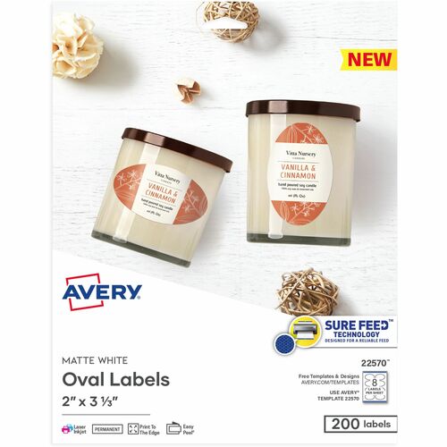 Avery  Labels,Oval,Sure Feed,Perm,2"x3-1/3",200/PK,Matte WE