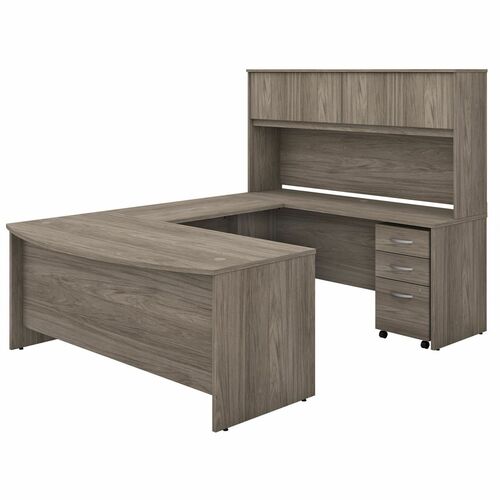 Bush Business Furniture  U-Desk,Bowfront,w/Hutch/BBF Ped,72"x101"x66",Modern Hickory
