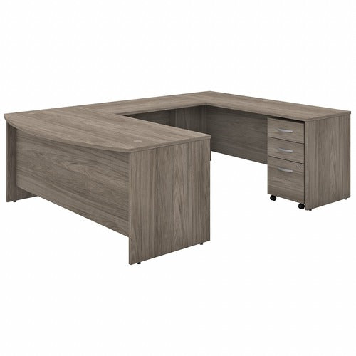 Bush Business Furniture  U-Station,Bowfront,w/BBF Ped,72"x101"x30",Modern Hickory