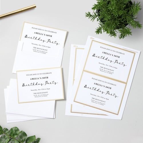 Avery  Invitation Cards,w/Gold Borders/Envelopes,30/PK,Matte White