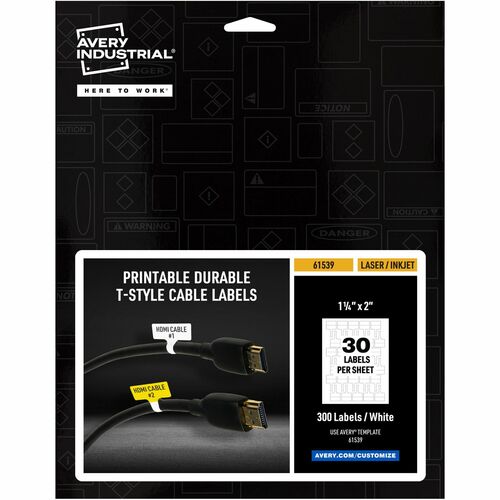 Avery  Labels,f/Cables,T-Style, Laser/Inkjet,1.25"x2",300/PK,White