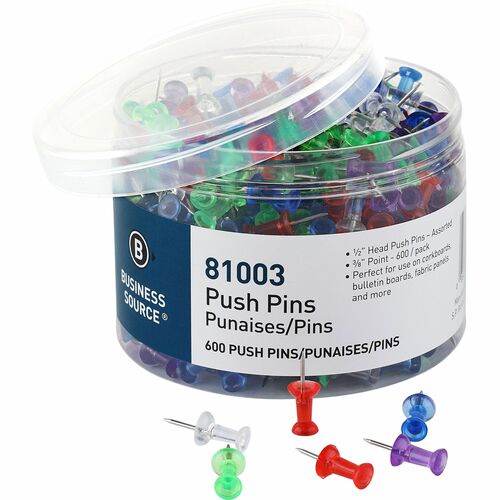 Business Source  Pushpins,3/8" Point,600/PK,AST